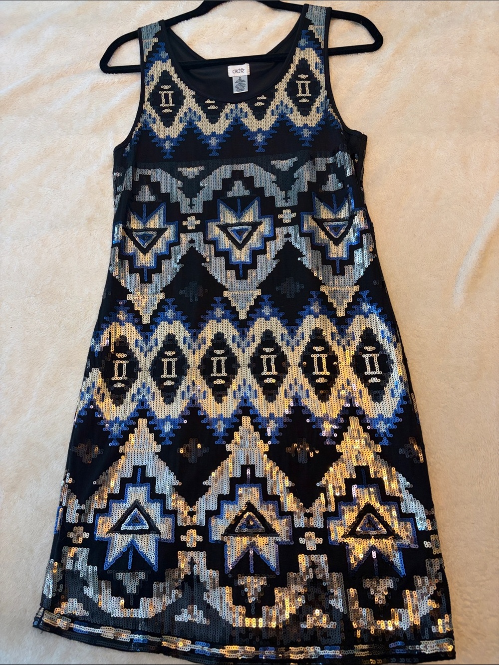 Cache Black, Blue & Silver Sequin Geometric Tank Dress